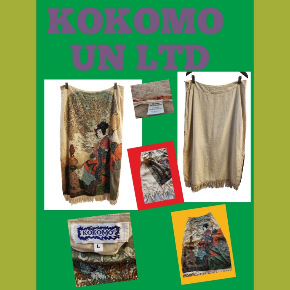 VINTAGE KOKOMO UN LTD BEADED GEISHA GIRL ABSTRACT PRINT LONG FRINGED SKIRT